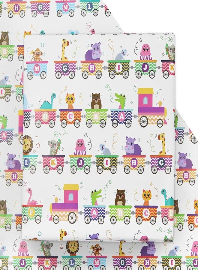 Boerni Cartoon Wrapping Paper for Kids,4 Sheet Alphabet Train with Animal Design Gift Wrapping Paper Giraffe Lion Koala Elephant Wrapping Paper 20 x 28 Inch for Baby Shower Birthday Boys Girls Gift Wrap - Image 1